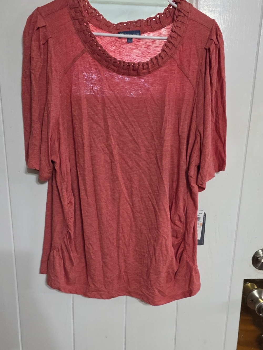 NWT Democracy Women's Blouse Rust Woven Neckline Comfort Stretch Ruched Sz 2X